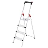 Hailo L75 ComfortLine Alu-Sicherheits-Stehleiter Jubiläumsmodell - 4 XXL-Stufen bis 150 kg - Stehleiter mit Ablagen, Bit-Steckplätzen, Akkuschrauber Halterung - Aluleiter Made in Germany - Silber