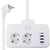 Steckdosenleiste mit USB, 2-Fach Doppelstecker für Steckdose Steckdosenleiste mit Schalter, Steckdosenadapter Wandmontage Steckdosenleiste mit 4 USB, Verteilersteckdose mit USB und Schalter, Weiß