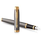 PARKER IM Füller | grau lackiert mit goldenen Zierteilen | mittlere polierte Edelstahl-Schreibfeder | Tintenpatrone blau nachfüllen | Geschenkbox | perfekte Geschenke zum Schulabschluss