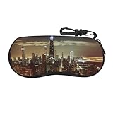 FHEDVBN Chicago City Brillenetui Ultraleicht Neopren Brillenetui Tragbare Brillenaufbewahrung Stoßfest Sportbrillenetui mit Karabinerhaken Reisezipper Sonnenbrillenorganizer für Damen und Herren