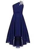 Zaldita Kinder Mädchen Festlich Kleid Lang EIN Schulter Brautjungfernkleid mit Perlen Irreguläre Prinzessin Kleid Partykleid Bühnenauftritt Aa Navy Blau 134-140