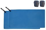 PEARL Micro Handtücher: 2er Mikrofaser-Handtuch mit Tasche schnell trocknend 30 x 60 cmblau (Sporthandtuch Microfaser, Fitnesstücher saugfähig)