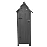 Gartenschrank aus Holz [Grau], Wasserfest, Abschließbare Türen, 3 Regale 4 Haken, Dachluke, Bodenbefestigungskit, Schraubenabdeckungen, Asphaltdach [INKL. Vorhängeschloss & 4 Schlüssel]