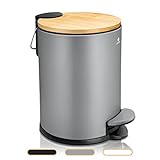 Exitoso Kleiner Mülleimer Bad grau - Kosmetikeimer 3L Bambus rutschfest - Tretmülleimer Bad aus Edelstahl mit Softclose Deckel - Badmülleimer Kosmetikeimer grau Bad Mülleimer Badezimmer WC Eimer