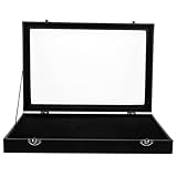 Housoutil Schmuckvitrine mit Deckel Broschen und Anstecknadelhalter Kleine Tischvitrine aus Schwarzem PU Leder Staubgeschützt und Kratzfest Schmuckaufbewahrung für Broschen Ohrringe und