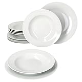 Van Well 12tlg Tafel-Service Basic für 6 Personen I 6x Suppenteller 150ml & 6x Speiseteller Ø 23,2 cm I schickes weißes Porzellan-Geschirr I tiefer Salat-Teller, Dessert-Schale, Essteller, Grillplatte