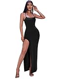 SheIn Damen Maxi Kleid Ärmellos Partykleid Freizeitkleid Kreuzgurt Spaghettiträger Maxikleid mit Schlitz Schwarz L