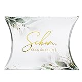 BETESSIN Gastgeschenke Hochzeit - Schön, dass du da bist - 100 Stück Kissenschachteln im Eukalyptus Design - Geschenkbox Hochzeit - Gastgeschenk zur Taufe, Jugendweihe, Konfirmation uvm.