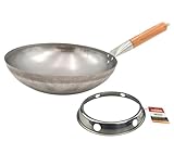Grillfürst Wok Pfanne aus Edelstahl Ø 30 cm - mit Holzgriff - Edelstahlpfanne mit rundem Pfannenboden - ideal für Seitenkocher eines Grills oder Gasherd, inkl. Wok-Ring