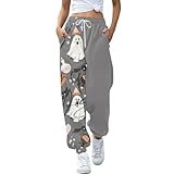 Halloween Pyjama Hose für Damen Geister Flauschige Hose Hohe Taille Yogahose mit Taschen Übergröße Halloween Kostüme