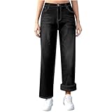 Jeanshose Damen Stretch High Waist Hosen Damen Denim Hose Winter Dicker Jeans Pants Gefütterte Warm Stoffhose Mit Knopfleiste Baggy Freizeithose Weites Bein Damenhosen Mit Taschen