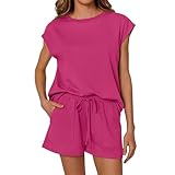 Set aus Weste und Shorts für Damen, Shorts und Oberteil, zweiteilig, passende Shorts und Hemd, Tank-Top-Set, ärmelloses Oberteil und Kordelzug unten, weiche Pyjama-Outfits, Outdoor-Loungewear, rot