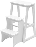 Klappbarer Tritthocker mit 3 Ebenen, Holzleiter, multifunktional, 3-in-1-Design, Holz-Tritthocker, Ausstellungsleiter und Aufbewahrungsregal für Bibliothek, Zuhause, Küche, Haushalt, Arbeit, Weiß