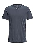 JACK & JONES Herren Basic T-Shirt V-Ausschnitt Kurzarm Jersey Baumwolle Shirt mit Knöpfen JJESPLIT, Farben:Navy, Größe:L