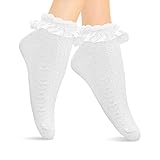 WLLHYF Weiße Rüschensocken für Damen Mädchen 1 Paar Spitzen Rüschensocken Söckchen mit Spitzenbesatz weiße Undurchsichtige Rüschen mit Baumwolle Prinzessinnen Stil hübsches Kleid Herzförmige Socken