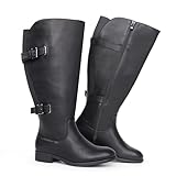 Chicblooms Damen-Stiefel, klassisch, extra weit, mit flachem Absatz, doppelter Schnalle hinten, Stretch, kniehoch, Schwarz Synthetik EU 39