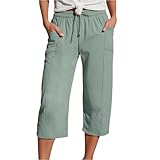 Musselin Hose 3/4 Leinenhose Sommer Kurze Hosen Sommerhose Leicht Caprihose Culotte Dreiviertel Strandhose Schlupfhose Kurzgrößen Damenhose Mit Gummizug