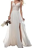 JAEDEN Brautkleid Damen Spaghettiträger Hochzeitskleider Spitze Boho Standesamtkleid Strand Braut Kleid Elfenbein 36