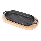 GRIRIW Gusseiserne Grillplatte Rechteckig mit Holzbrett Teppanyaki Steakplatte für Gasgrill und Herd Antihaftbeschichtet Starke Wärmespeicherung Vielseitig für Fleisch Fisch und Gemüse