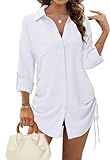 Tanmolo Bluse Damen Longbluse V-Ausschnitt Hemdbluse Langarm Tunika mit Kordelzug Lässiges Langarmshirt zum Knöpfen Casual Aufrollen Tops Weiß XL