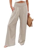 Imuedaen Leinenhose Damen Sommer Hose Casual Leinen Leicht Hosen Weites Bein Palazzo Freizeithose Hohe Taille Einfarbig Sommerhose Stoffhose mit Taschen (Khaki, M)