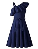Arshiner Mädchen Kleider Eine-Schulter Kinderkleider Sommer Festliches Kleid Rüschenkragen Elegant Partykleider Swingkleid mit Gürtel ärmelloses Kleid für Mädchen 11-12 Jahre Marineblau