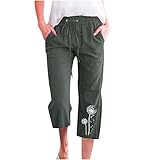 PYOJKO Leinenhose Damen Sommer 3/4 Sommerhose Casual Baumwolle Leinen Stoffhose Einfarbig Freizeithose Stretch Leicht Haremshose Straight Leg Hose Taschen Yogahose Blumen Druck Sweathose