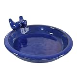 colourliving | Vogeltränke Winterfest rund 30 cm | Noble Keramik glasiert | Vogelbad mit 2 Deko Vögel | Vobelbecken Garten (blau)