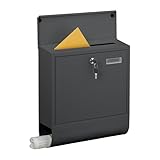 Relaxdays Briefkasten mit Namensschild, 4 Schlüssel, Zeitungsfach, Postkasten, HBT 41,5 x 37,5 x 14cm, Metall, anthrazit