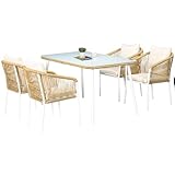 Outsunny 5-TLG. Polyrattan Gartenmöbel Set Esstisch mit 4 Stapelstühlen Gartensitzgruppe mit Kissen Sitzgarnitur mit Tischplatte aus Hartglas für Balkon, Terrasse, Gelb