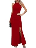 Missufe Damen Maxikleid Partykleid Neckholder Ärmelloses Abendkleid Schlitz Elegant Bodycon Lang Ballkleider (Rot, Mittel)