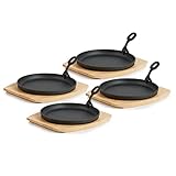 BBQ-Toro Gusseisen Servierpfännchen mit Holzunterlage (4 Stück) | Ø 22 cm - rund | bereits eingebrannt - preseasoned | Grillpfännchen mit abnehmbarem Griff | Gusseisenpfanne, Paella Pfanne