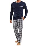 sesto senso Herren Schlafanzug Lang Pyjama 100% Baumwolle Langarm Shirt mit Tasche Pyjamahose Zweiteilig Set Nachtwäsche Dunkelblau Kariert L Jasiek 2188/06