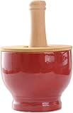IGGLL Mörser- und Stößelmühle, Knoblauchstampfer, for die Küche mit Bambusdeckel, Keramikmühle for Gewürze (rot), Gewürzmühle(Wood,10.5cm*12.5cm)
