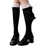 RETUOLWAG Weiche Samt-Overkneestrümpfe mit elegantem Spitzenbesatz und Schleifen-Akzent, japanische Studenten-Wadenstrümpfe für Damen, rutschfeste Overknee-Strümpfe, Schwarzes Mittelrohr