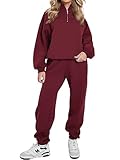 REORIA Damen Weich Baumwolle Hausanzug Dick Freizeitanzug Warm Trainingsanzug Jogginganzug Set halbem Reißverschluss Tracksuits mit Fleece-Futter Burgund 2XL