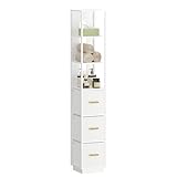 Hzuaneri Badezimmerschrank, Badschrank Hochschrank, Schrank freistehend, Badregal mit 3 Schubladen, offenen Fächern, für Badezimmer Wohnzimmer, 28 x 28 x 169,5 cm Weiß BC17403W