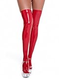 CHICTRY Damen Halterlose Strümpfe Wetlook Overknee Stocking Kniestrümpfe Einfarbig Stretch Cosplay Kostüm Gothic Punk Kleidung Rot B L