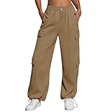 Cargo Jogginghose Damen mit Weitem Bein Leicht Solid Color Freizeithose Hohe Taille Sporthose Trainingshose Herbst Winterhose Lang Warme Sweatpants mit Taschen Hellbraun M