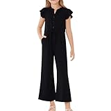 GRACE KARIN Mädchen Elegant Einfarbig V-Ausschnitt Overalls Sommer Kurz Flügelärmel Jumpsuits Schwarz 8 Jahre
