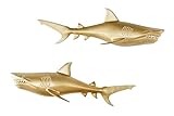 Licht-Erlebnisse Wandstatue Metall 2er Set Hai Fisch 68 cm lang Maritim in Gold Handarbeit Wandfigur Wand Deko Wohnzimmer Esszimmer