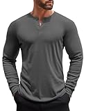 COOFANDY Henley Langarmshirt Herren Longsleeve Freizeit T-Shirt für Männer Einfarbig Basic Shirt mit Knopfleiste Dunkel Grau L