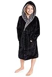 CityComfort Bademantel Jungen, Kinder-Bademantel aus Fleece mit Kapuze, 7–14 Jahre (Schwarz, 13-14 Jahre)