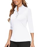 Soneven Bluse Damen Elegant Hemd 3/4 Ärmel Golf Poloshirt Damen Langarm Lady Office Hemdbluse Sommer Rüschen Stehkragen Oberteile Weiß S