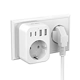 JSVER 5-in-1-Steckdosenleiste (3680 W, 16 A) mit 2 USB-A- und 2 USB-C-Anschlüssen (5 V/3,4 A), Mehrfachstecker für iPad, iPhone und Tablets