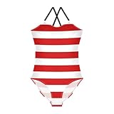 HMZXZ Einteiliger Badeanzug für Mädchen, weiß-rot, horizontale Linien, Badeanzug, Strand-Bademode, 3–10 Jahre, gestreift, multi, 9-10 Jahre