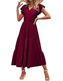 Zeagoo Damen Kleider Sommer Lang Freizeitkleid V Ausschnitt Elegant Maxikleid Kurzarm Hohe Taille Tunika Kleid Locker Rüschensaum Strandkleider Weinrot L