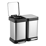 OPULENTHOME Mülleimer Küche 2 Fächer, Abfalleimer Mit Deckel, 20L Treteimer Softclose Aus Edelstahl, Leicht Papierkorb, Recycling Kombiniert Mit Pedale, Silber