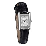 JewelryWe Uhren Damen Leder Rechteckig: Vintage Analog Quarz Armbanduhr Frauen Schwarz Leder Armband Uhr Kleine Damenuhr mit Silber Rechteck Römischen Zahlen Zifferblatt