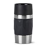 Emsa Travel Mug Compact Thermobecher 300 ml, Isolierbecher Edelstahl, Kaffeebecher to go, 3h heiß, 6h kalt, 100% dicht, auslaufsicher, spülmaschinengeeignet, 360°-Trinköffnung, schwarz, N21601